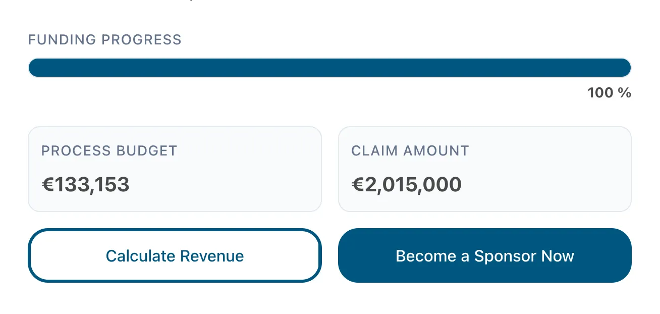 Core infos section: funding progress, budget, claim amount, and action buttons